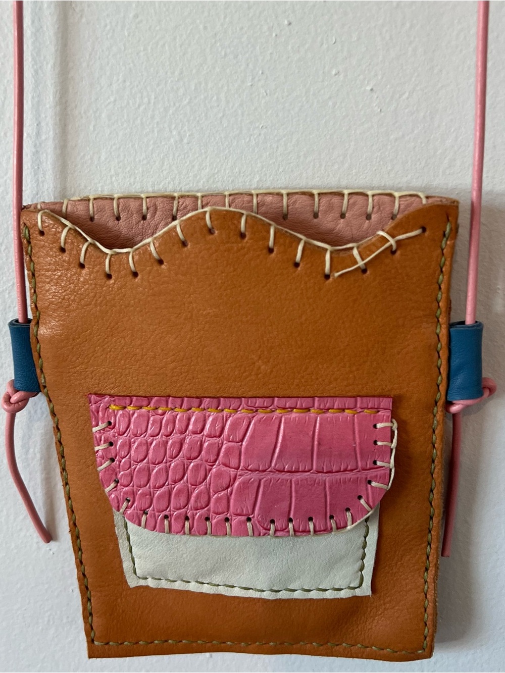 New Handstitched Leather Crossbody Bag in Tan & Pink Handmade Boho